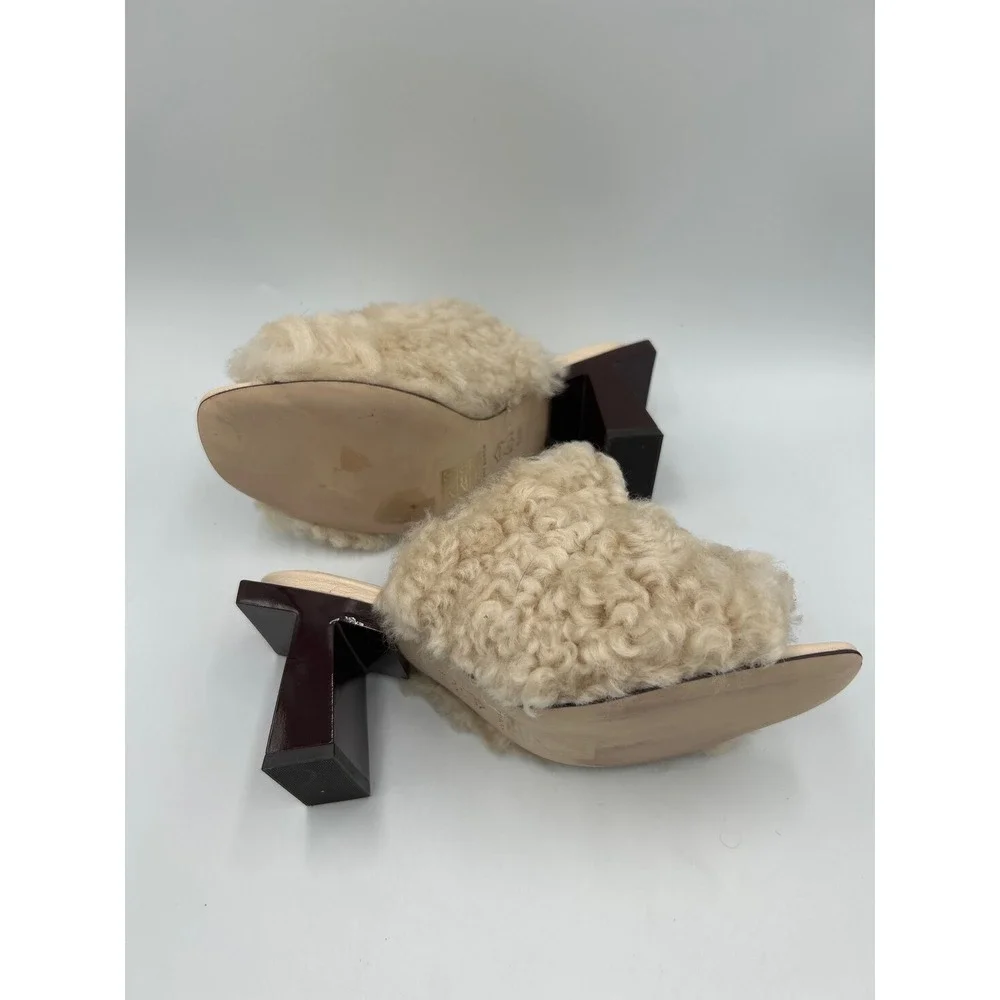 Tory Burch Cream Shearling Fur Mules Block Heel Slides Leather Sole Size 6.5